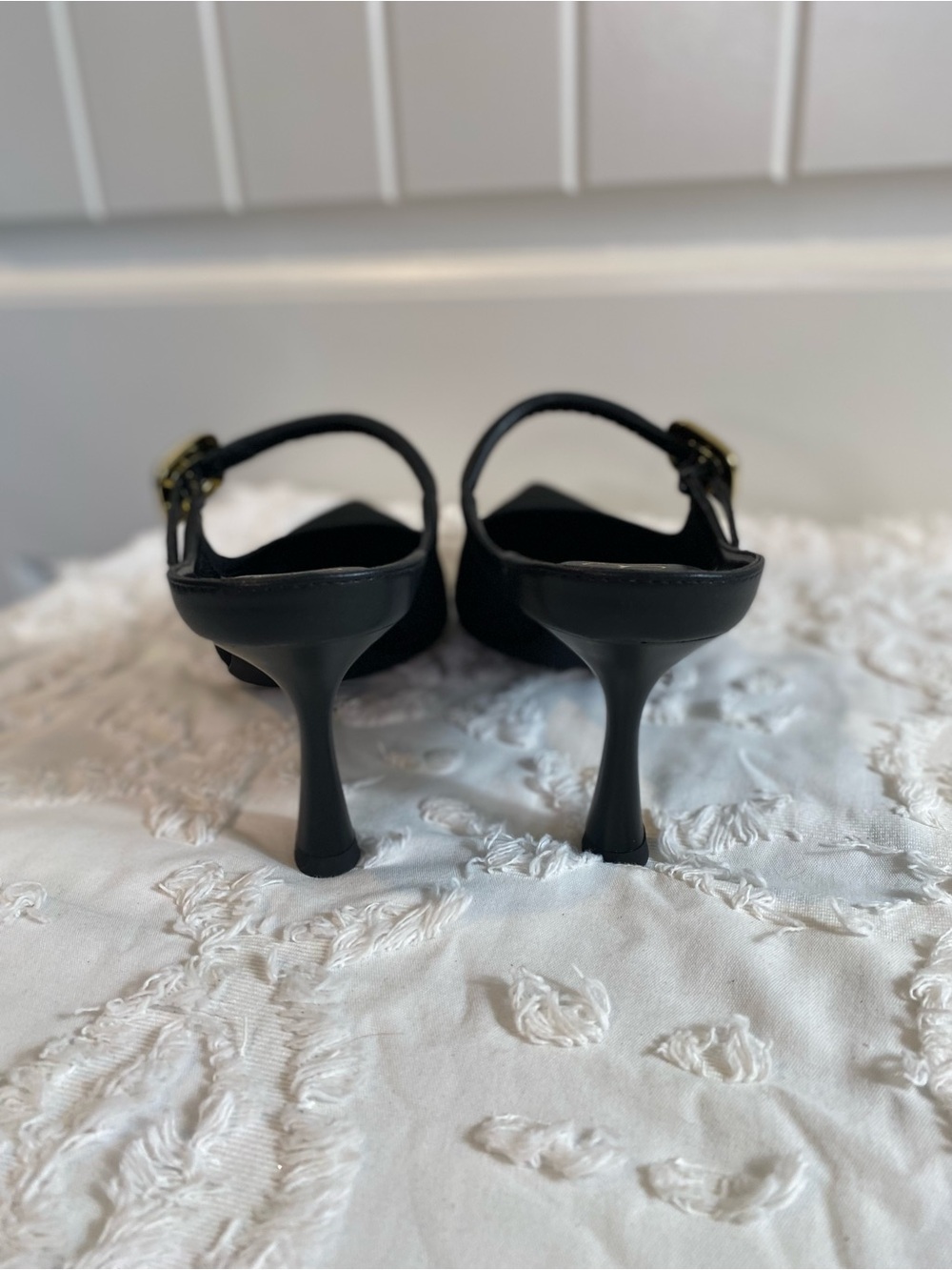 New!  Black Pointed Slingback Heels with Gold Buckle Accent - Picture 7 of 10